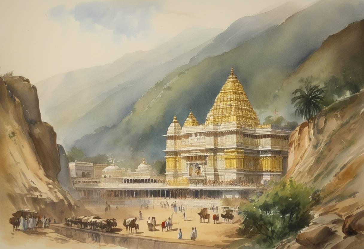 Watercolor painting based depiction of Tirupati, a city sacred to Hindus in India, was annexed to the Madras Presidency under British rule, transforming it from the control of a local pontiff. (1897)