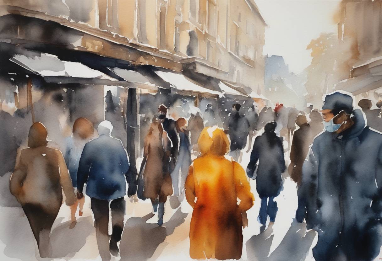 Watercolor painting based depiction of The World Health Organization announced that the end of the COVID-19 pandemic was "in sight" due to decreasing global case numbers and rising vaccination rates. (2022)