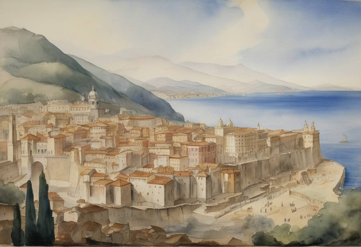 Watercolor painting based depiction of The Treaty of Bastia was completed, whereby Vanozza Cominella ceded Corsican cities to Genoa. (1398)