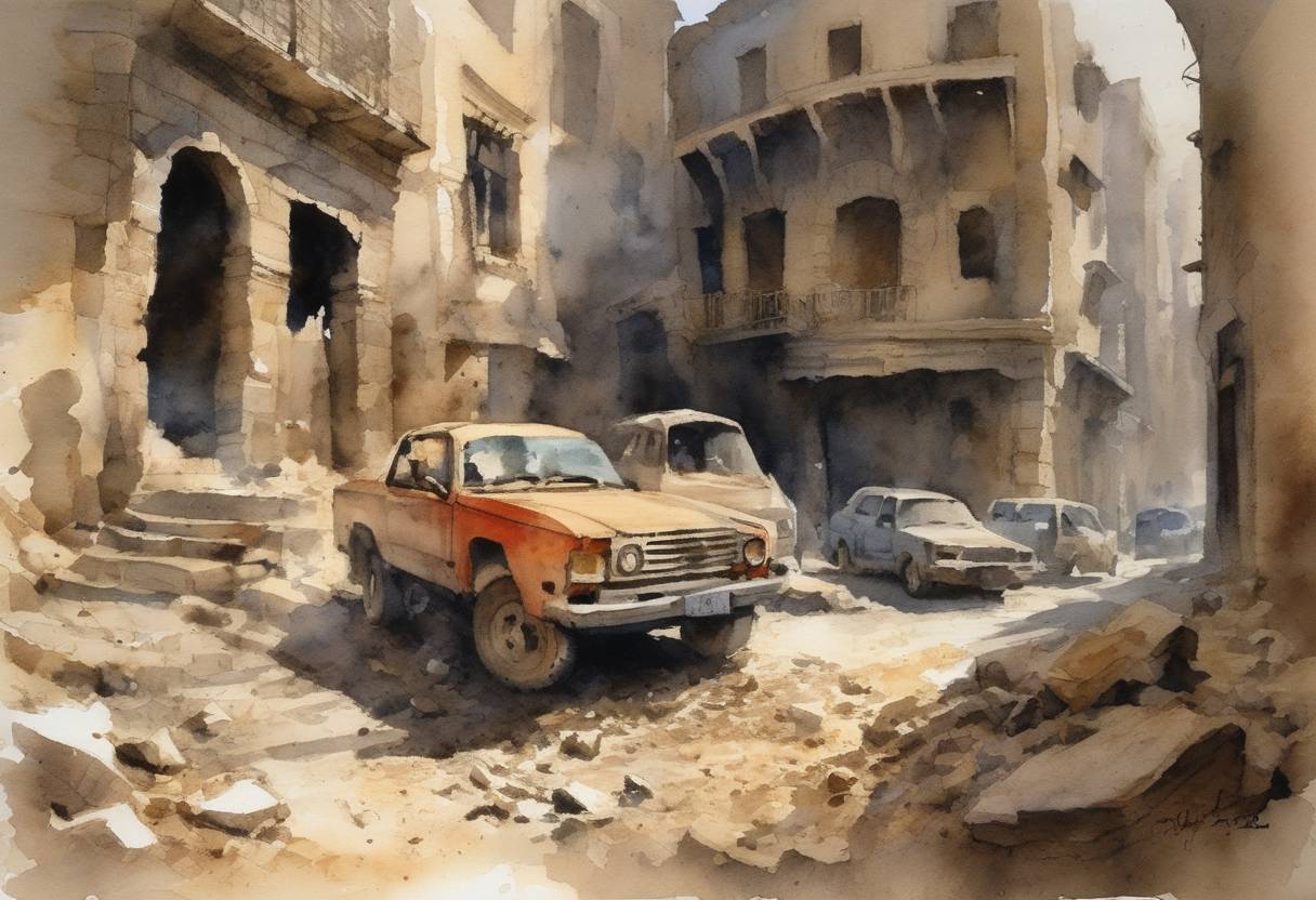 Watercolor painting based depiction of The 1138 Aleppo earthquake struck the region around the city of Aleppo in northern Syria. It was one of the deadliest earthquakes in history, with an estimated magnitude of 8.5, causing widespread destruction and significant casualties. (1138)