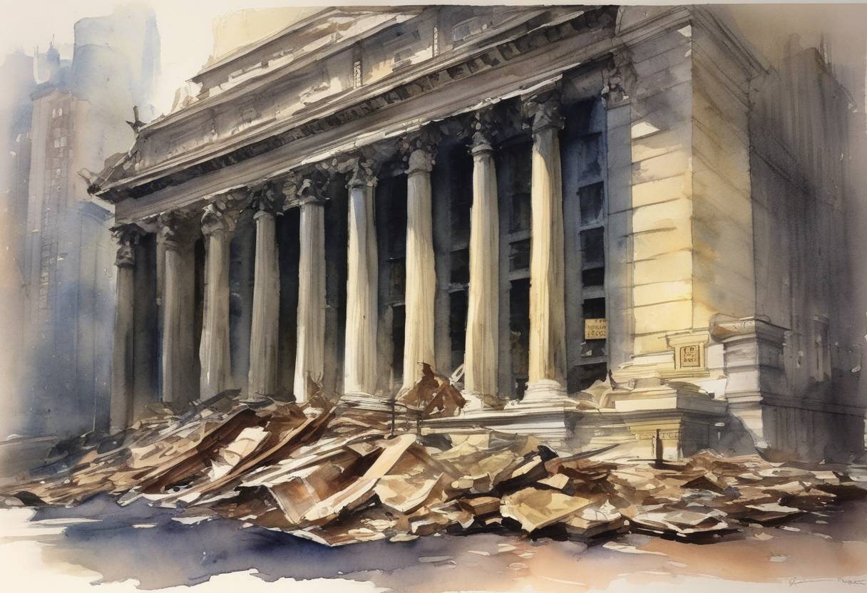 Watercolor painting based depiction of Franklin National Bank collapses due to foreign currency speculation, marking the largest bank failure in US history at the time. (1974)