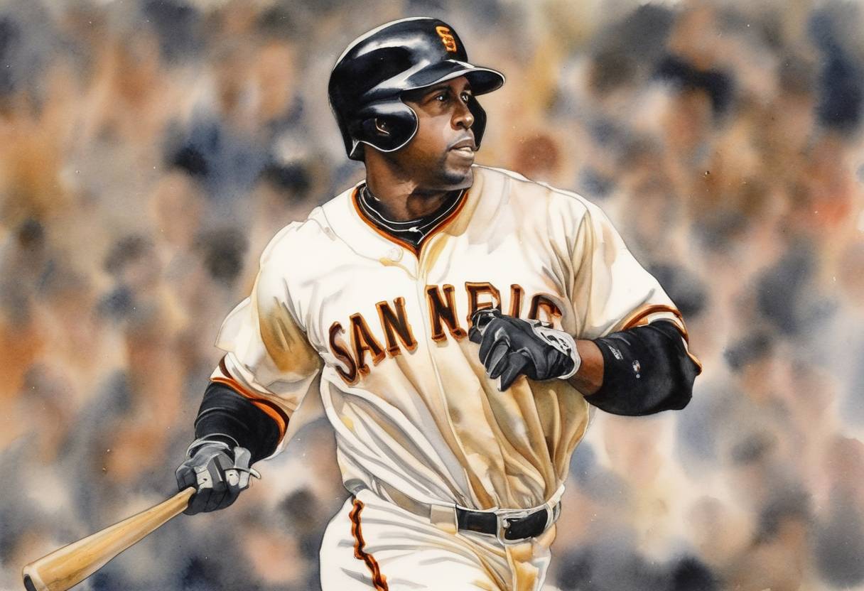 Watercolor painting based depiction of Barry Bonds broke the single-season home run record in Major League Baseball by hitting his 71st and 72nd home runs. (2001)