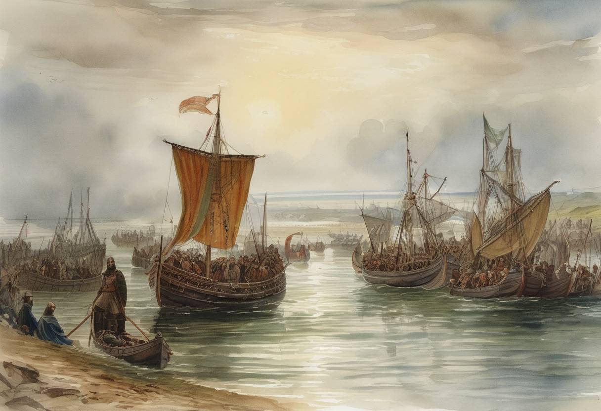 Watercolor painting based depiction of Duke William of Normandy's fleet lands at Pevensey, England, marking the beginning of the Norman Conquest. This expedition was part of William's claim to the English throne, challenging Harold II, the Anglo-Saxon king. (1066)