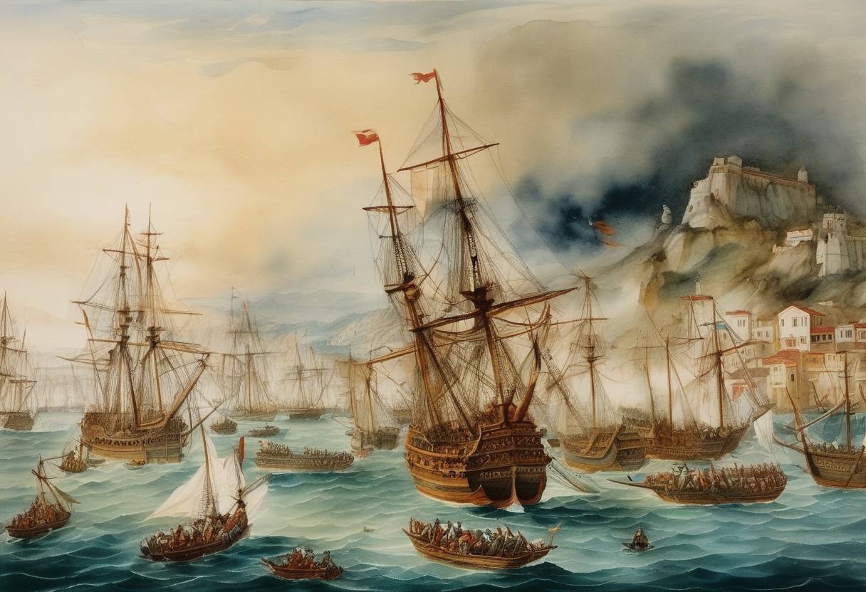 Watercolor painting based depiction of The naval Battle of Preveza took place between the fleet of the Holy League and the Ottoman Empire, resulting in a decisive Ottoman victory. (1538)