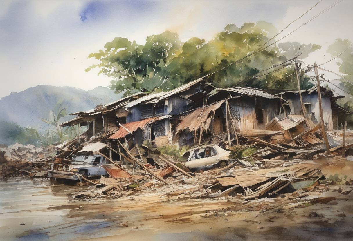 Watercolor painting based depiction of A major earthquake measuring 7.8 on the Richter scale strikes the Flores region of Indonesia, triggering a destructive tsunami and resulting in approximately 2,500 fatalities. (1992)