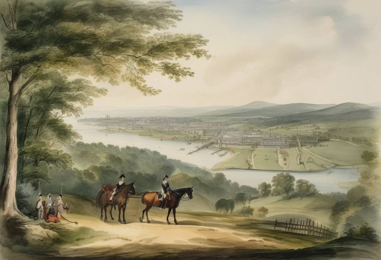 Watercolor painting based depiction of Dartmouth College is chartered by King George III of Great Britain on land provided by Royal Governor John Wentworth. (1769)