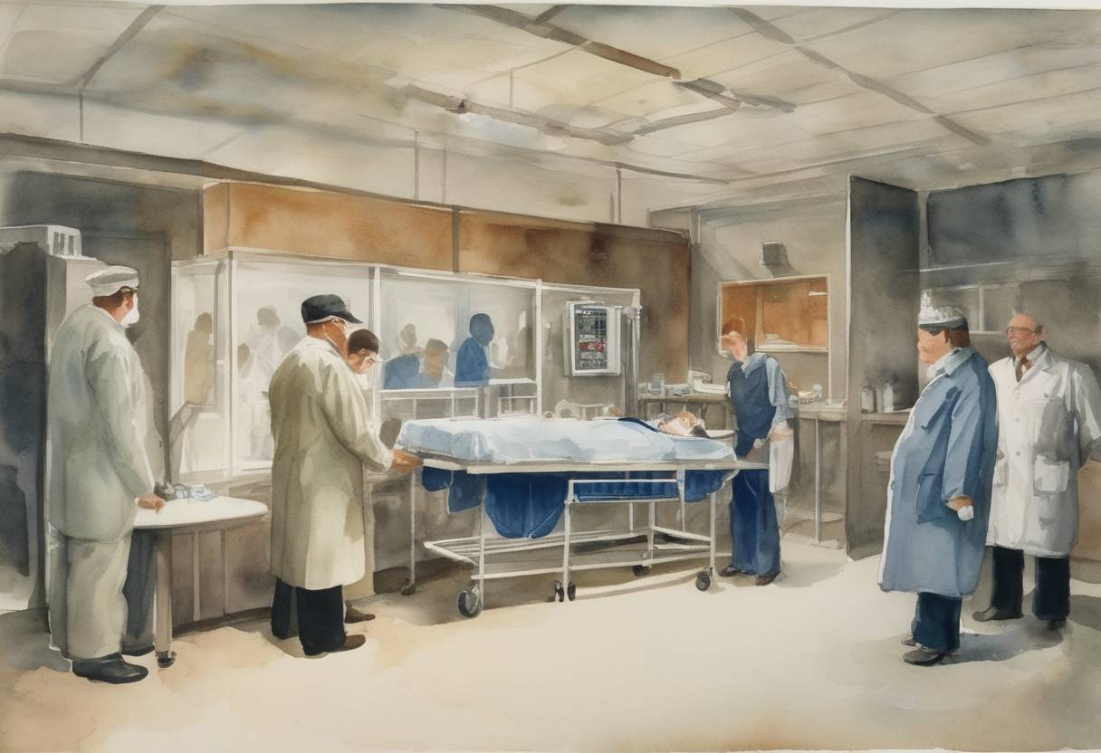 Watercolor painting based depiction of The first known human to human kidney transplant with an unrelated donor was performed at the Peter Bent Brigham Hospital in Boston, Massachusetts. (1959)
