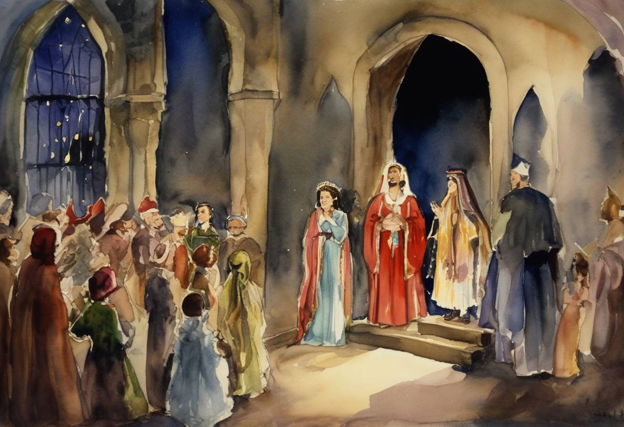 Watercolor painting based depiction of The first performance of 'Amahl and the Night Visitors', the first opera specifically composed for television, was broadcast on NBC. (1946)