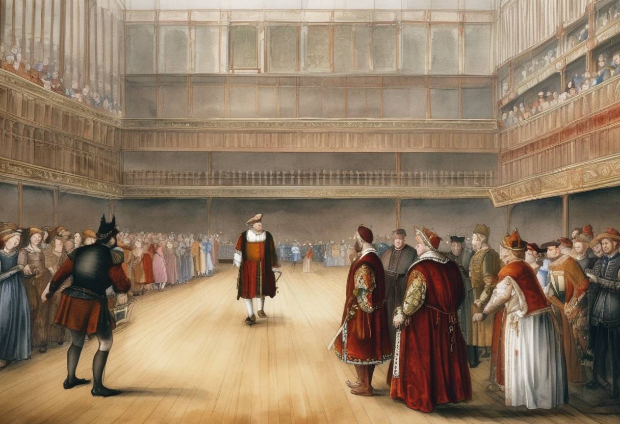 Watercolor painting based depiction of King Henry VIII of England orders bowling lanes at Whitehall Palace. (1520)