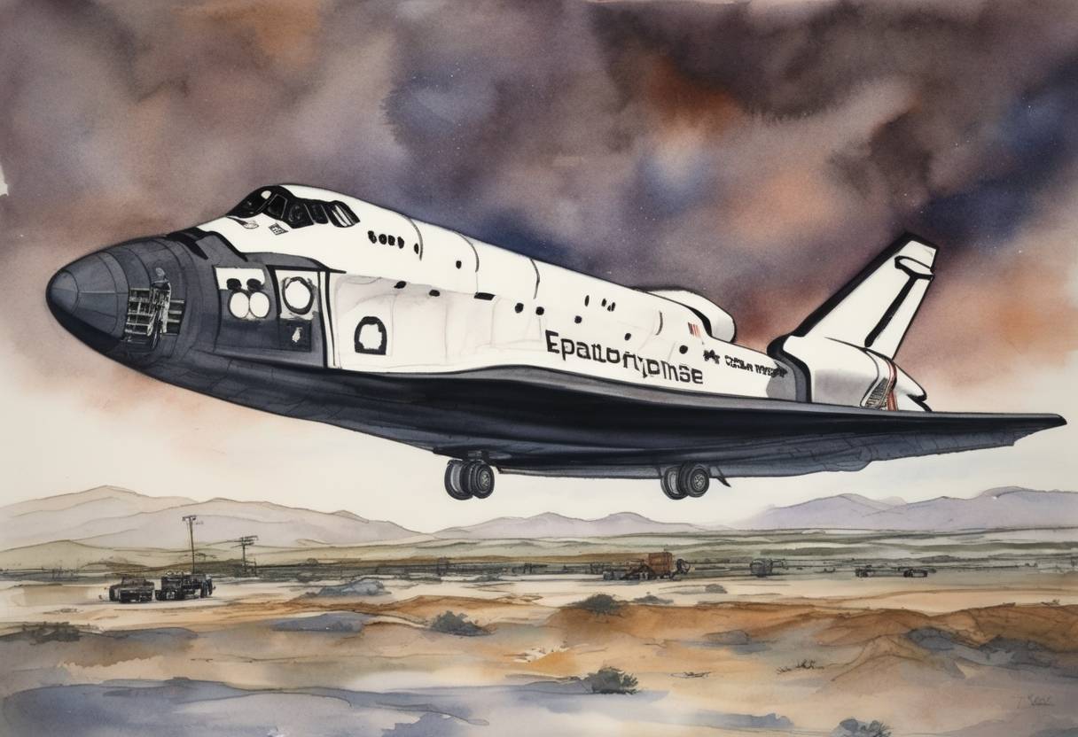 Watercolor painting based depiction of NASA publicly unveils its first space shuttle, Enterprise, in Palmdale, California. (1976)