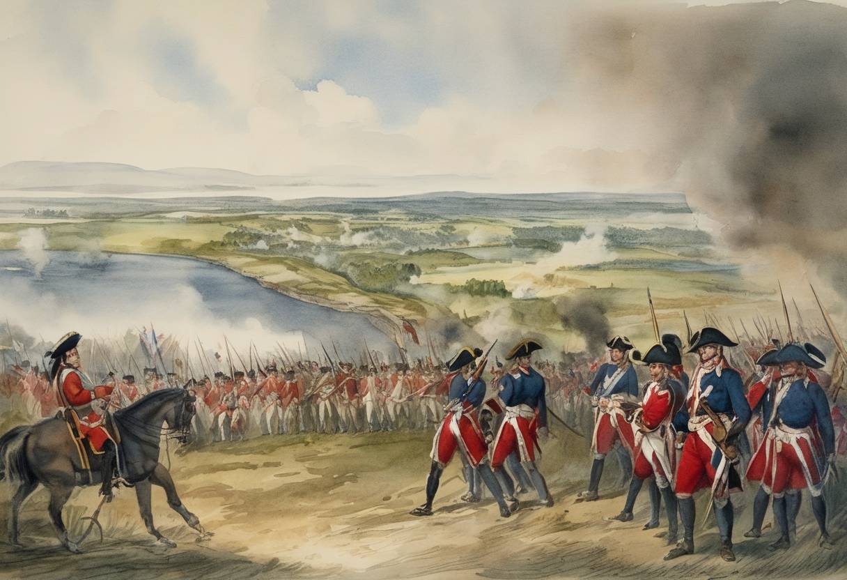 Watercolor painting based depiction of The American Revolutionary War sees the Battle of Fort St. Jean, a significant early conflict between Colonial and British forces in Quebec. (1775)