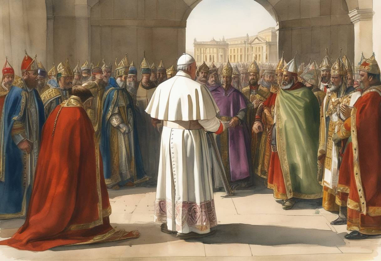 Watercolor painting based depiction of Pope Eugene III issues the papal bull Quantum praedecessores, calling for the Second Crusade in response to the fall of Edessa to Muslim forces. (1145)