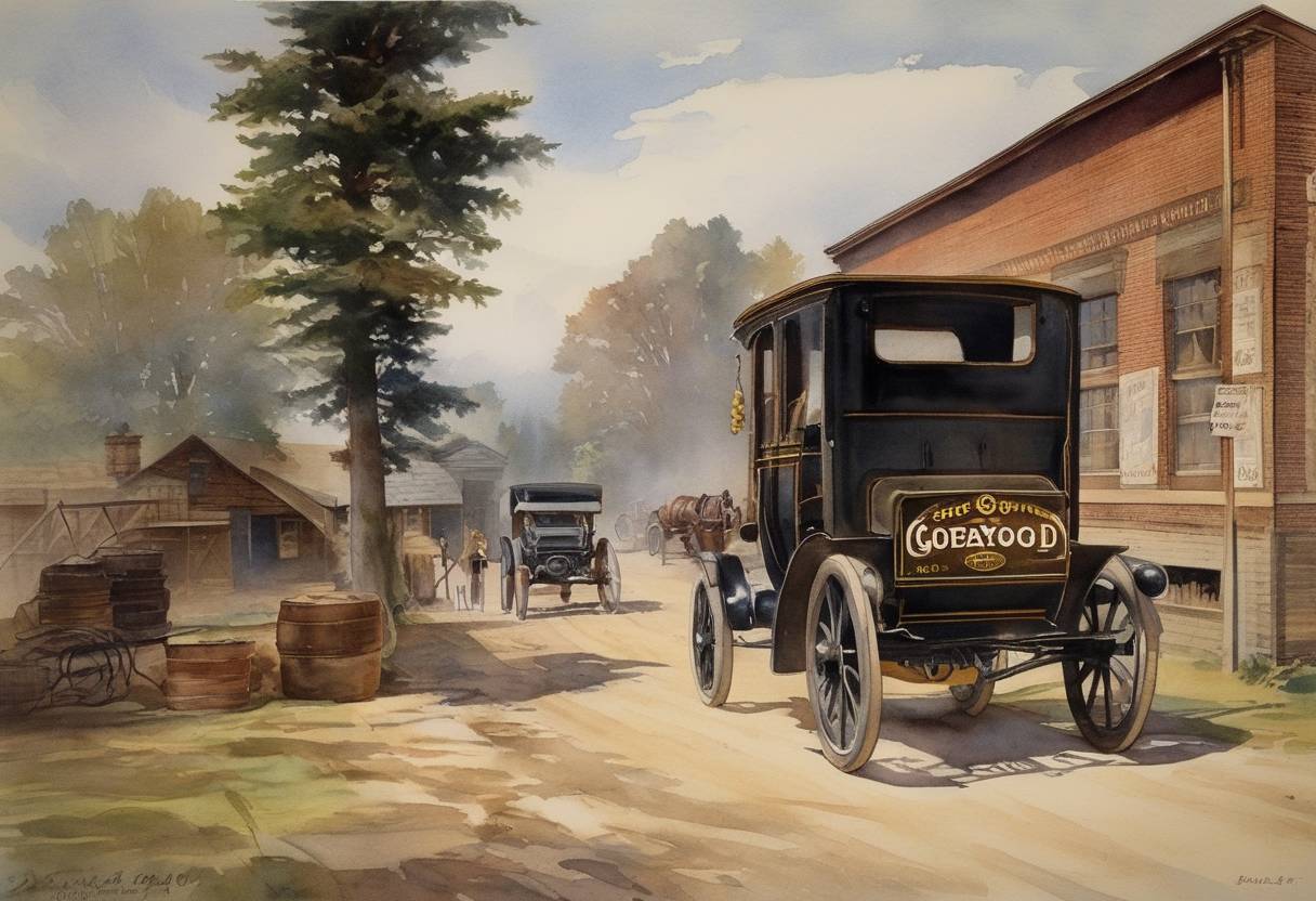Watercolor painting based depiction of The Goodyear Tire & Rubber Company was founded on this day by Frank Seiberling in Akron, Ohio. Named after Charles Goodyear, the inventor of vulcanized rubber, the company would become a major player in tire manufacturing and rubber goods. (1898)
