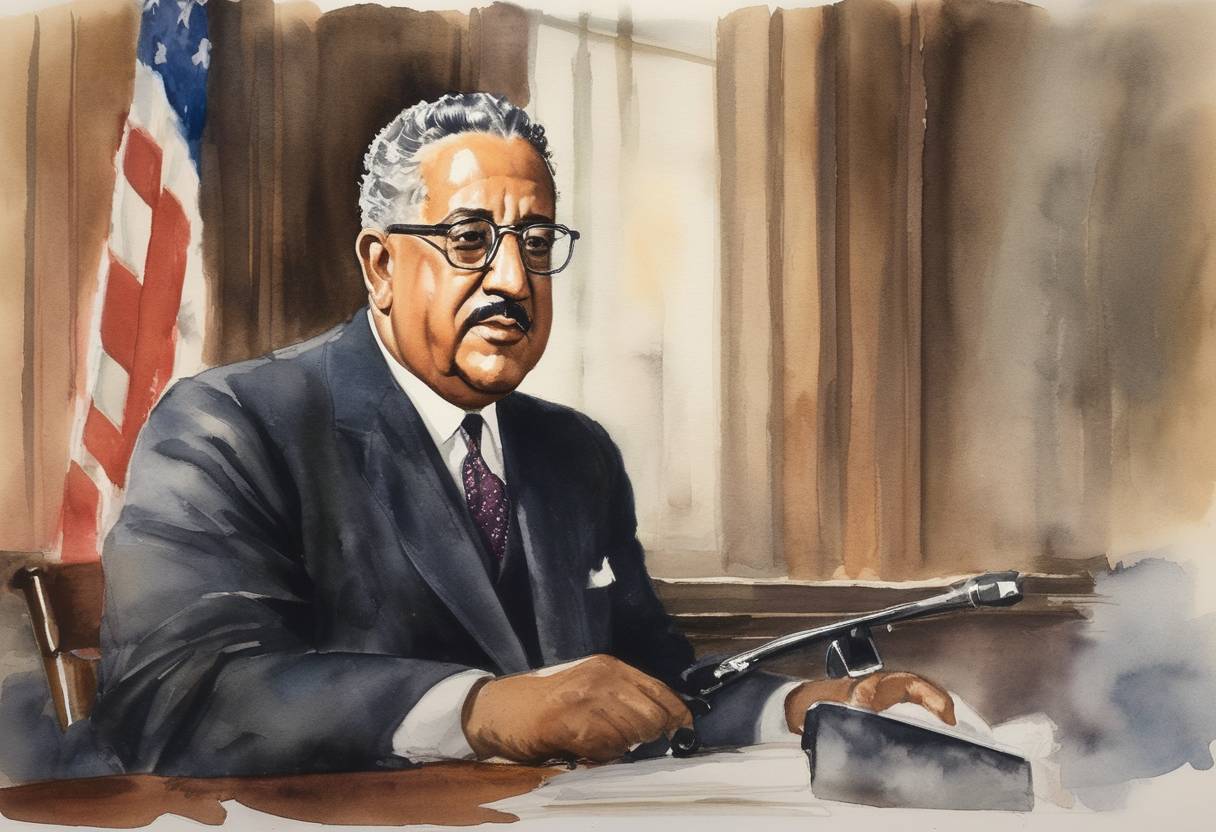 Watercolor painting based depiction of Thurgood Marshall was confirmed as the first African American Justice of the United States Supreme Court. (1967)
