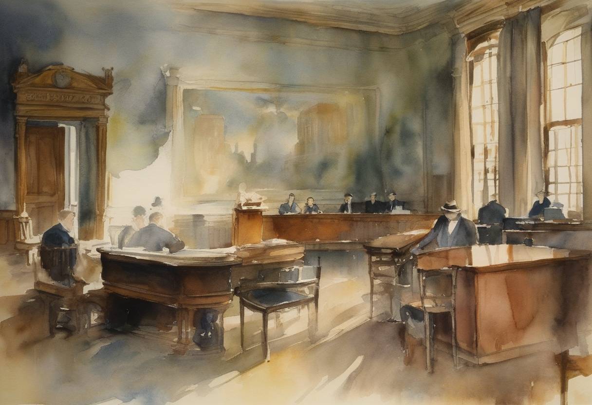 Watercolor painting based depiction of A federal judge in New York rules that James Joyce's novel 'Ulysses' is not obscene, allowing it to be imported into the United States. (1933)