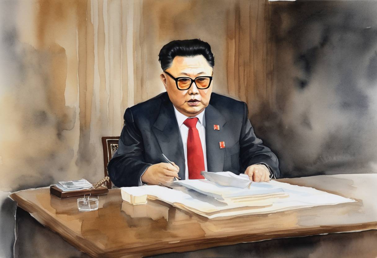 Watercolor painting based depiction of Kim Jong-il, Supreme Leader of North Korea, passed away, leading to the succession by his son Kim Jong-un. (2011)