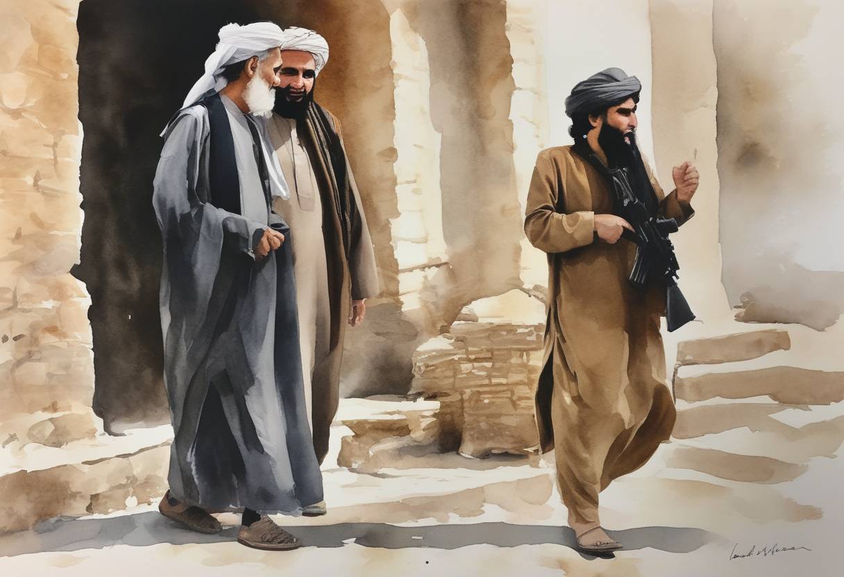Watercolor painting based depiction of In a peace negotiation attempt, the Afghan government and the Taliban agreed to begin talks to end almost two decades of violence in Afghanistan, marking a significant step towards potential peace. (2020)