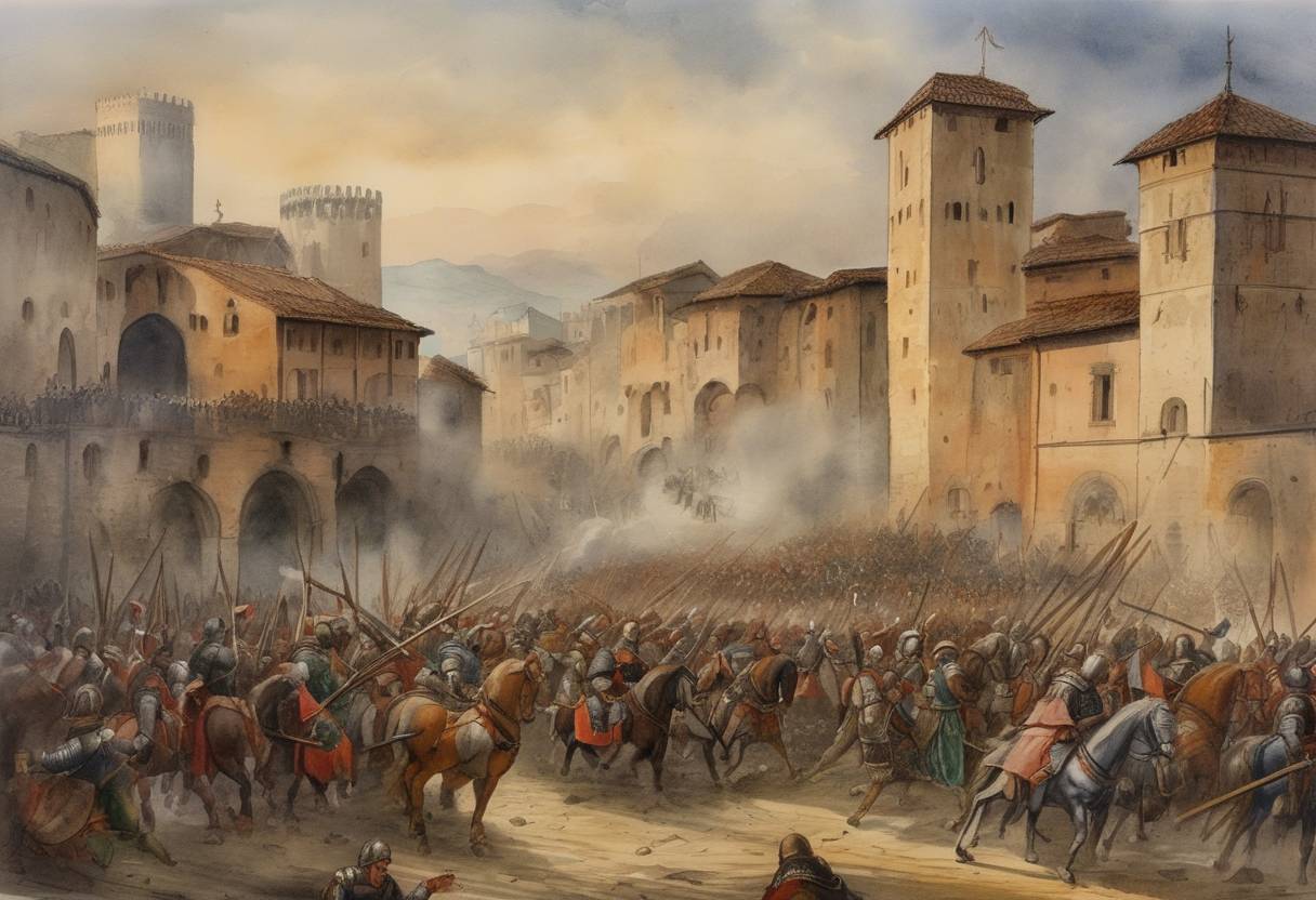 Watercolor painting based depiction of The Lombard League, an alliance of northern Italian cities, defeated Holy Roman Emperor Frederick I Barbarossa at the Battle of Legnano. (1170)