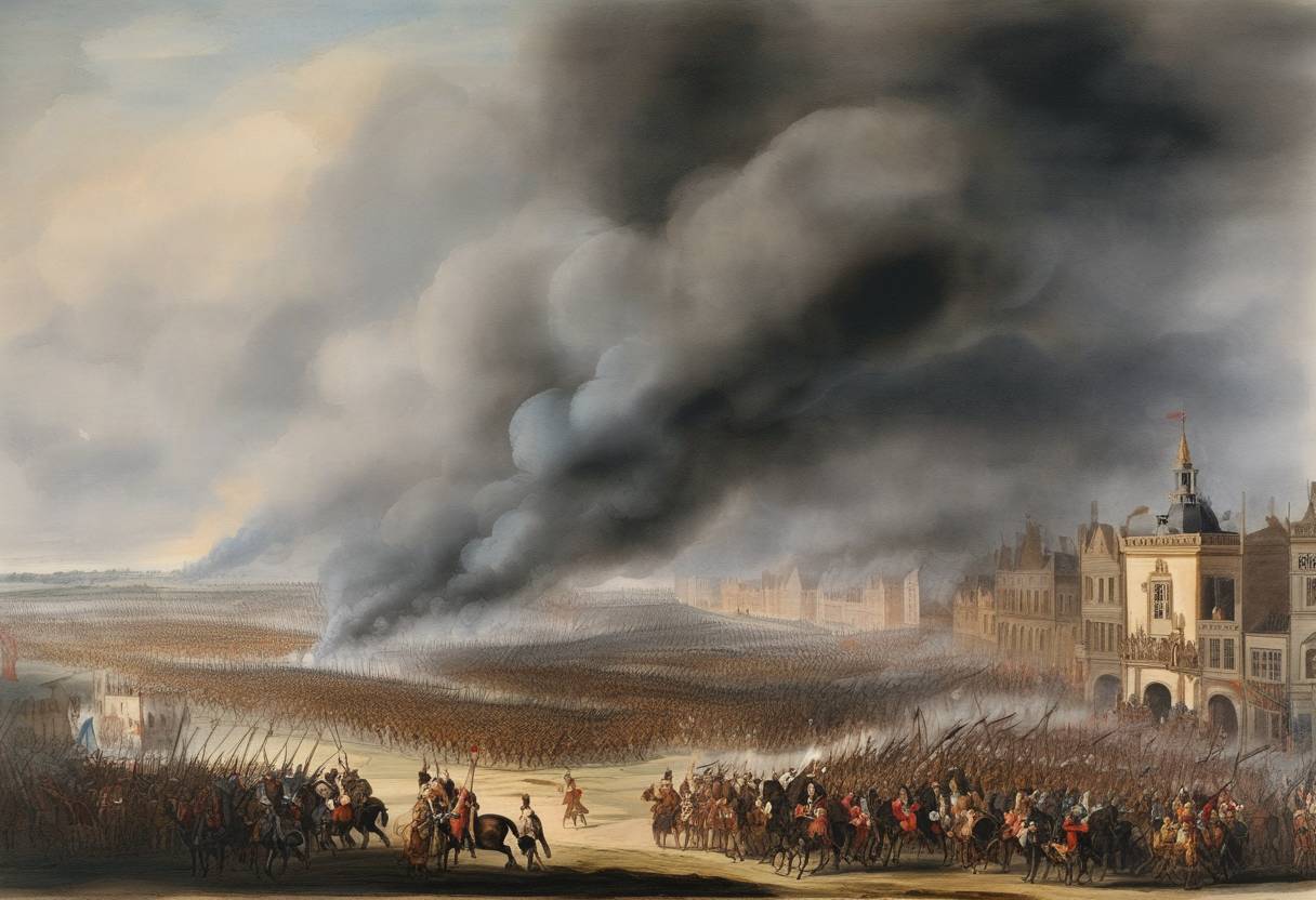 Watercolor painting based depiction of Battle of Oudenarde occurs when forces of the Grand Alliance, led by Duke of Marlborough, defeat French troops. (1708)