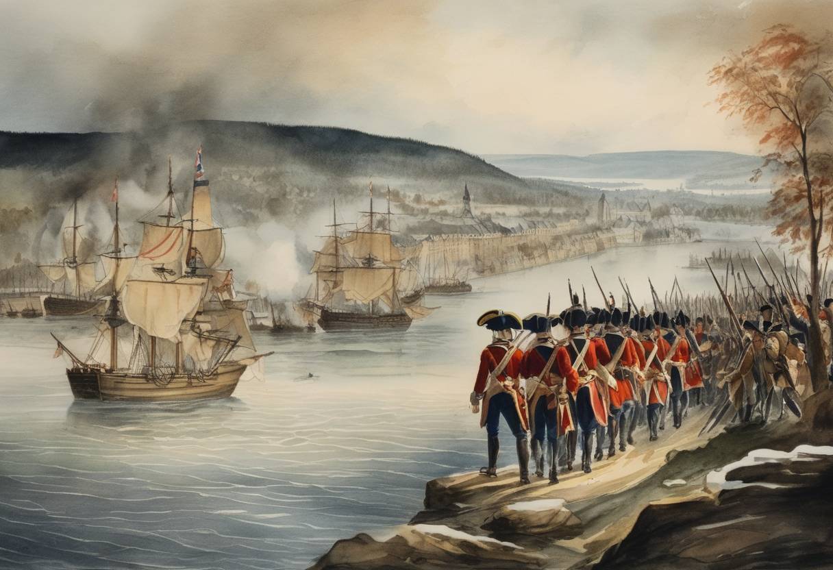 Watercolor painting based depiction of American Revolutionary War: The Siege of Quebec begins, a joint colonial military campaign aiming to bring Quebec into the rebellious colonies' fold. (1775)