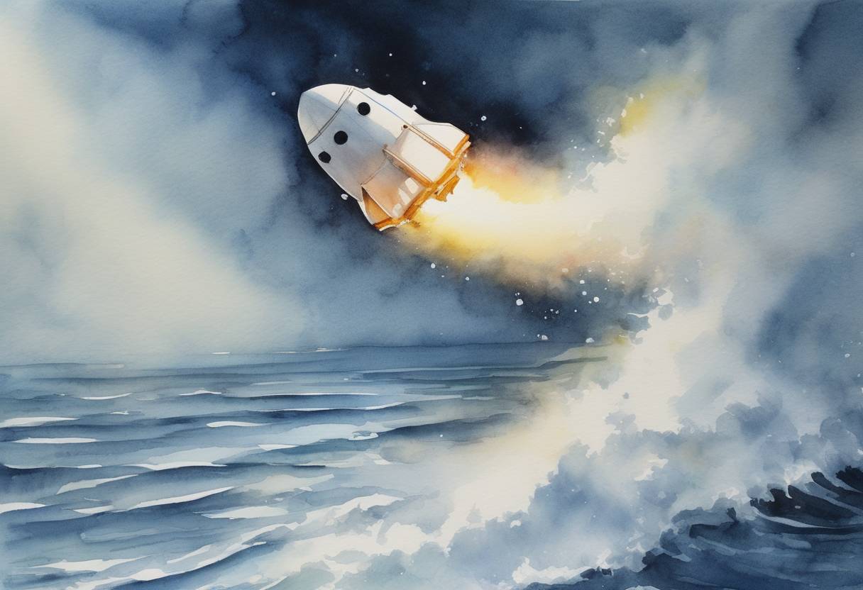 Watercolor painting based depiction of SpaceX's civilian flight, Inspiration4, successfully completed its mission and safely splashed down in the Atlantic Ocean, marking the end of the first all-civilian orbital mission. (2021)