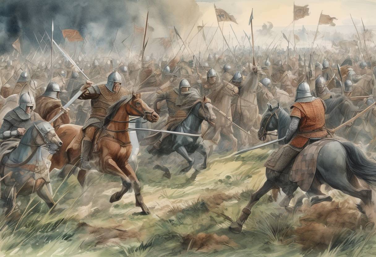 Watercolor painting based depiction of The Battle of Edington concludes with a decisive victory for King Alfred the Great of Wessex over the Viking forces led by Guthrum. This battle effectively ends the Viking invasion of Wessex and leads to the Treaty of Wedmore, where Guthrum agrees to be baptized and withdraw his forces. (878)
