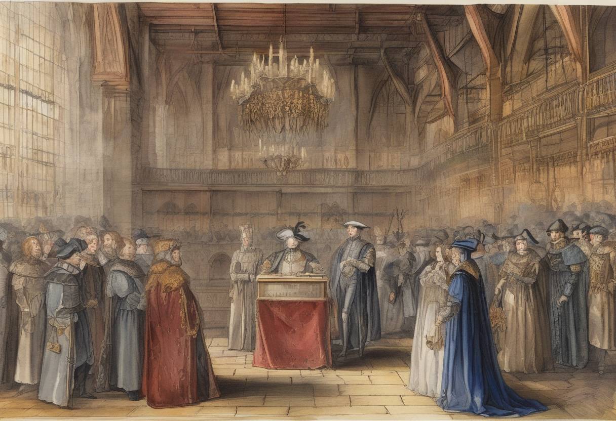 Watercolor painting based depiction of Edward Stafford, 3rd Duke of Buckingham, was executed for treason, marking a significant event in the power struggles of the English nobility during the reign of King Henry VIII. (1521)