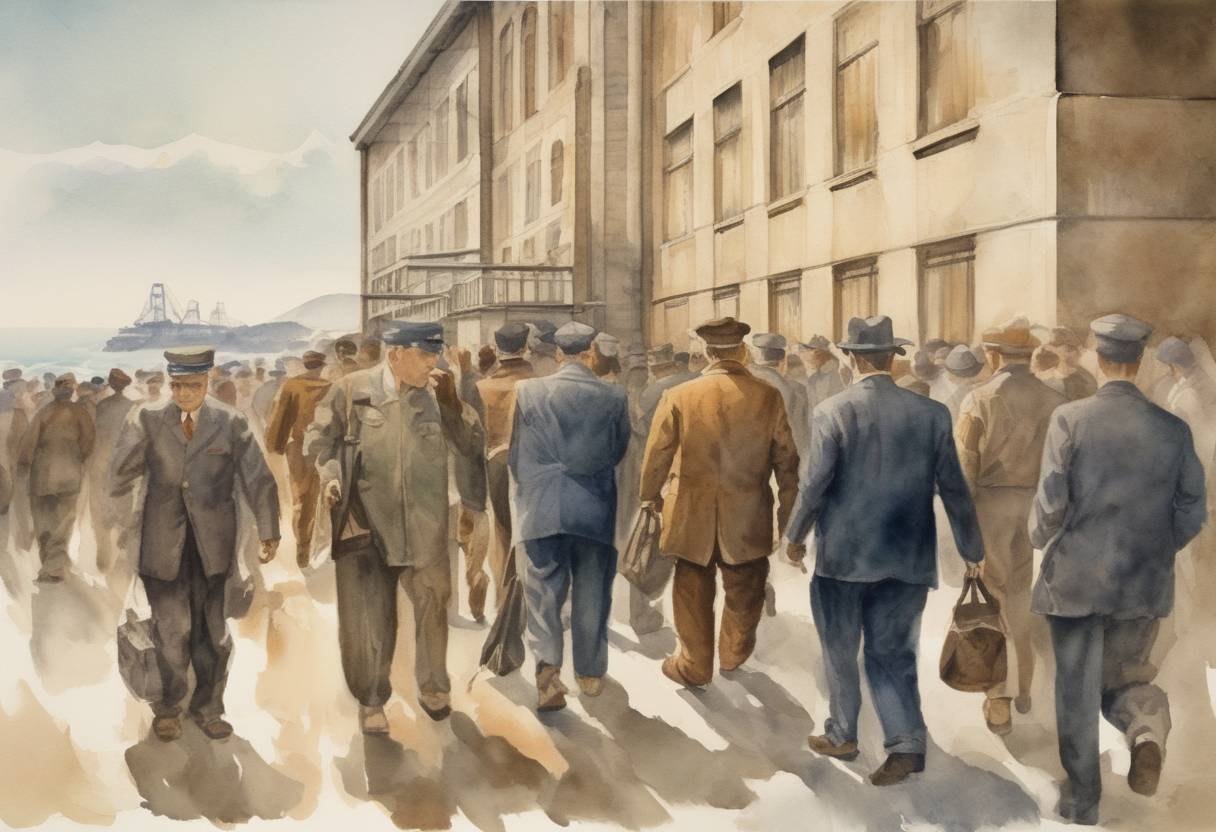 Watercolor painting based depiction of The first civilian prisoners arrive at the Federal prison on Alcatraz Island. (1934)