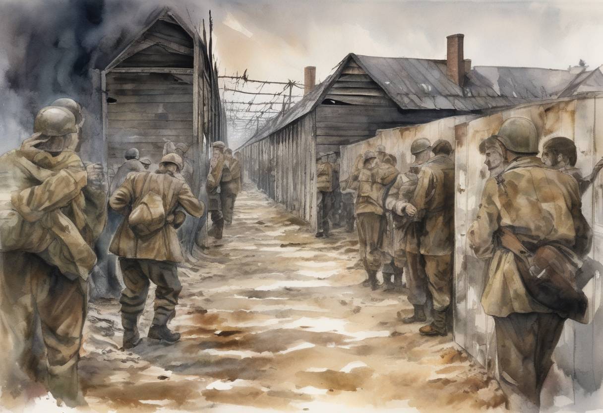 Watercolor painting based depiction of British troops liberated the Bergen-Belsen concentration camp in Germany, revealing the horrors of the Holocaust to the world. (1945)