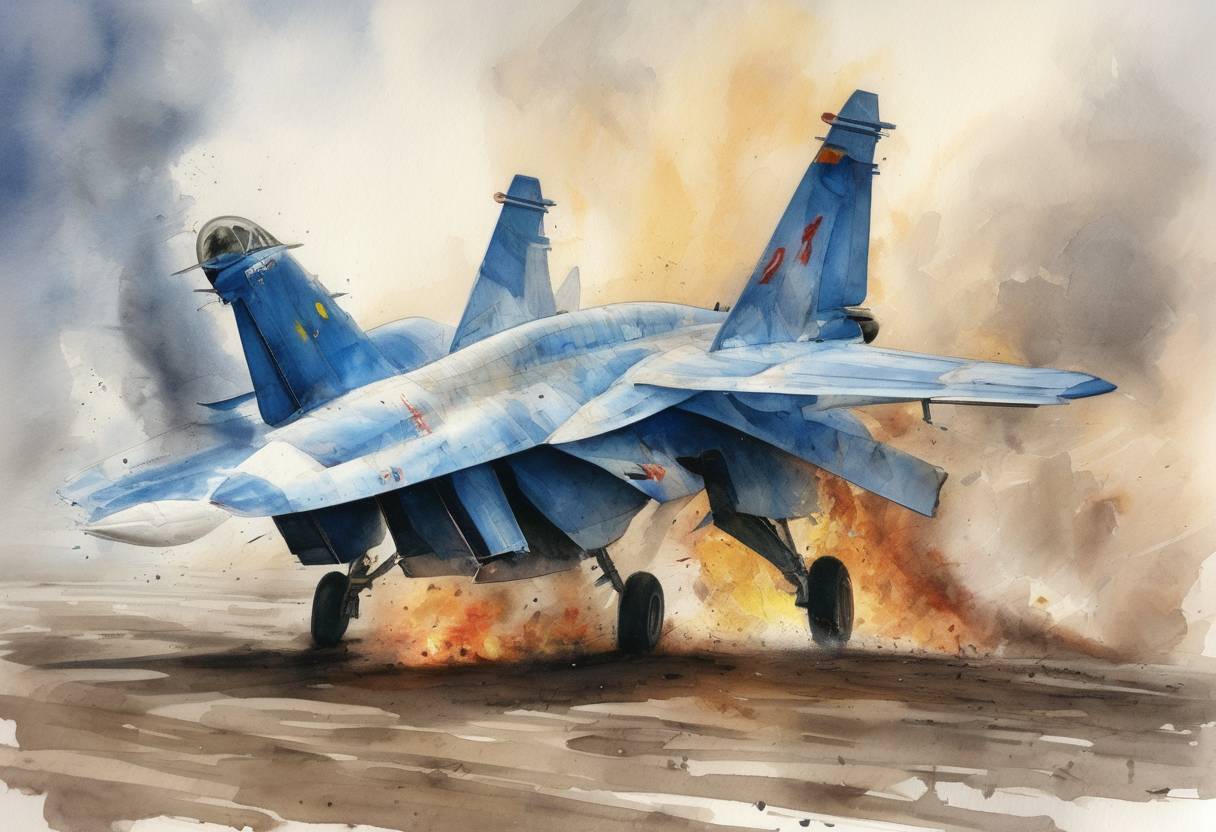 Watercolor painting based depiction of Ukraine airshow disaster: A Sukhoi Su-27 fighter jet crashed during an aerobatics presentation at the Sknyliv airfield near Lviv, Ukraine, killing 77 people and injuring over 500, marking it as the world's deadliest air show accident. (2002)