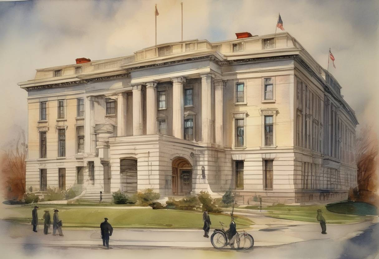 Watercolor painting based depiction of The Federal Bureau of Investigation (FBI) was established in the United States, initially named the Bureau of Investigation. (1908)