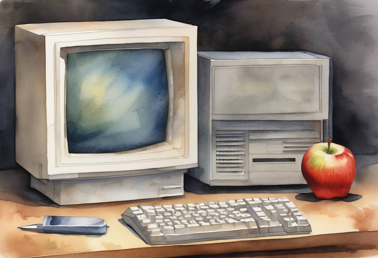 Watercolor painting based depiction of The first Apple Macintosh computer was introduced during a Super Bowl commercial, revolutionizing personal computing. (1984)