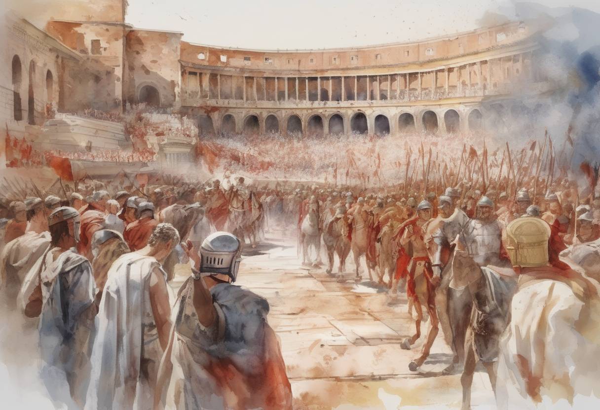 Watercolor painting based depiction of Trajan becomes Roman Emperor, succeeding Nerva. (98)