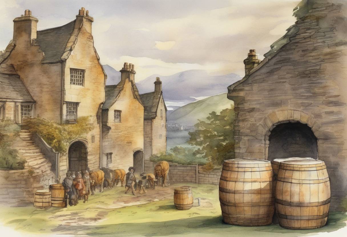 Watercolor painting based depiction of The first known batch of Scotch whisky was recorded in the Exchequer Rolls of Scotland, marking an important moment in the history of whisky production. (1495)