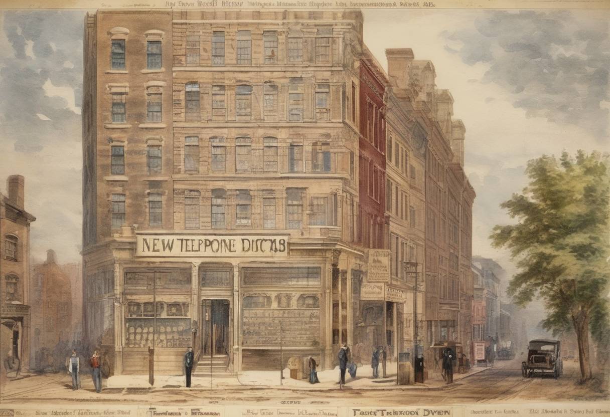 Watercolor painting based depiction of The first telephone directory was issued in New Haven, Connecticut, containing 50 names. It marked a significant development in telecommunications. (1878)