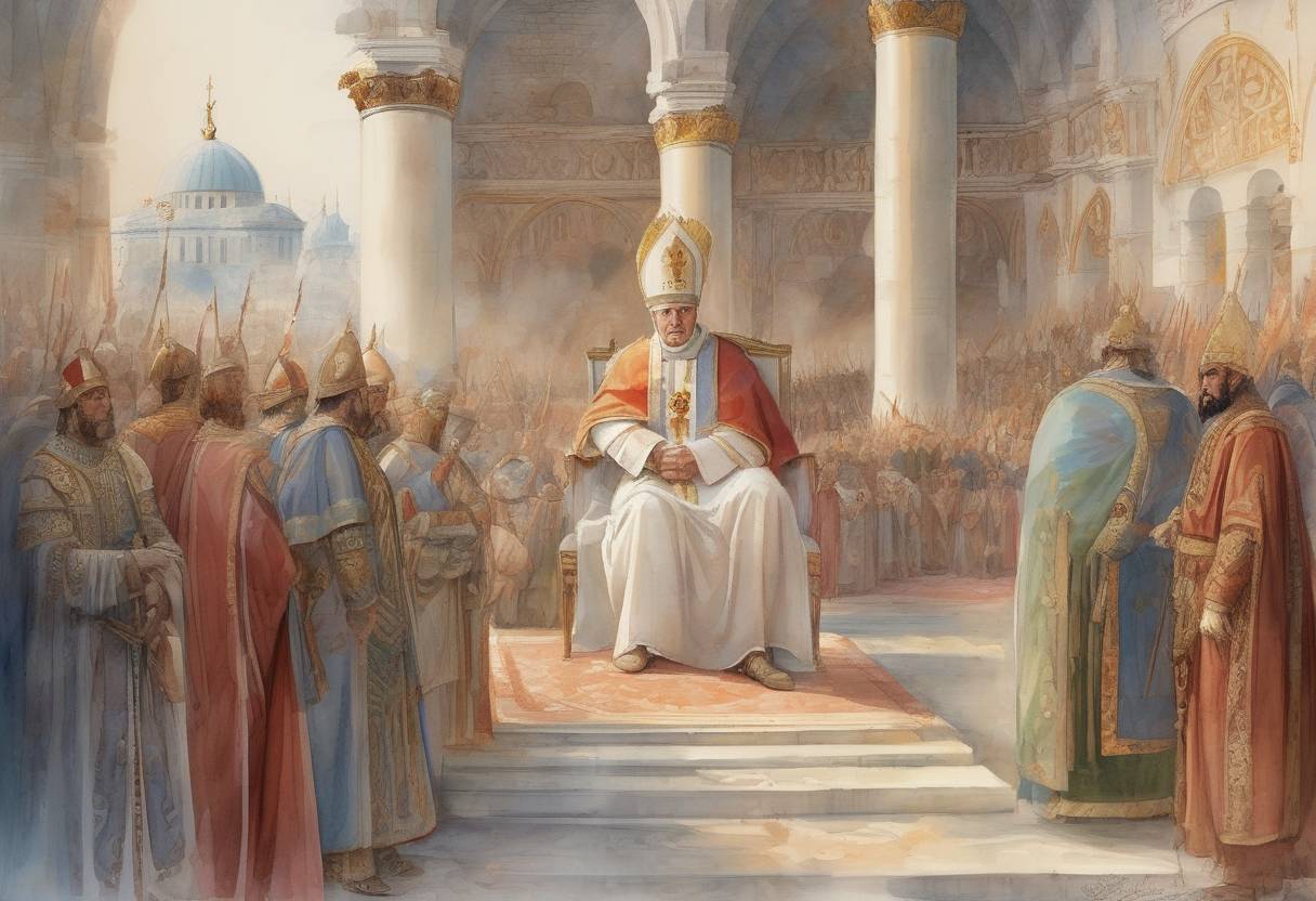 Watercolor painting based depiction of John I became the first pope to visit Constantinople, seeking to negotiate with Emperor Justin I. (523)