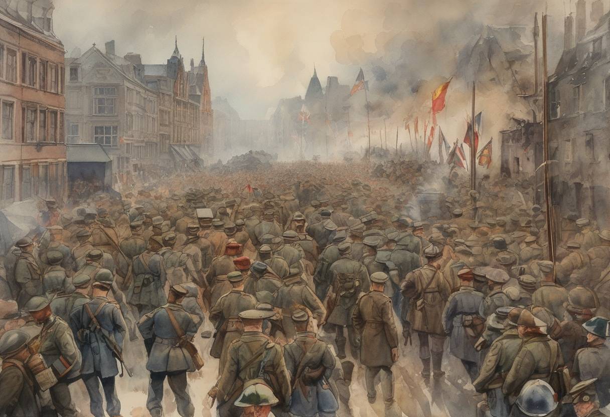 Watercolor painting based depiction of World War I: Germany invades Belgium, leading the United Kingdom to declare war on Germany. (1914)