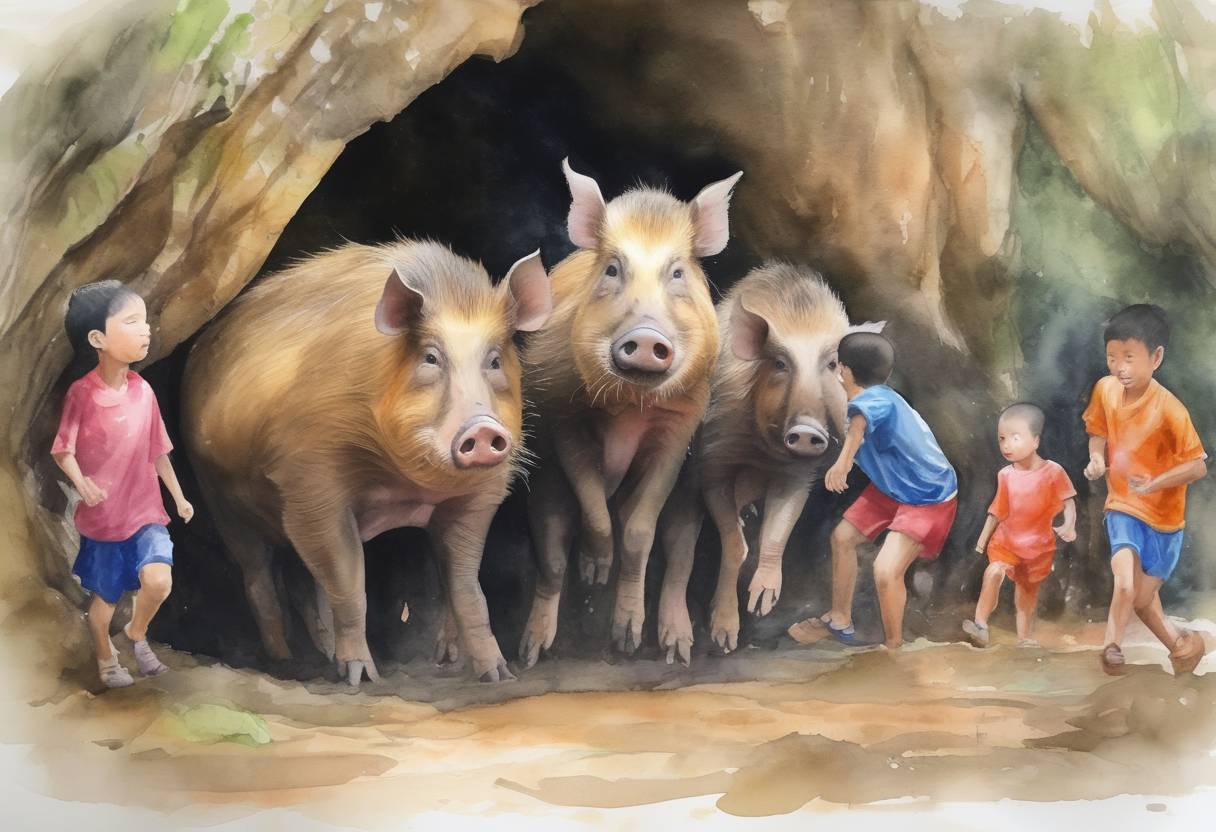 Watercolor painting based depiction of The last of the Wild Boars soccer team and their coach were rescued from the Tham Luang cave in Thailand after being trapped for over two weeks. (2018)