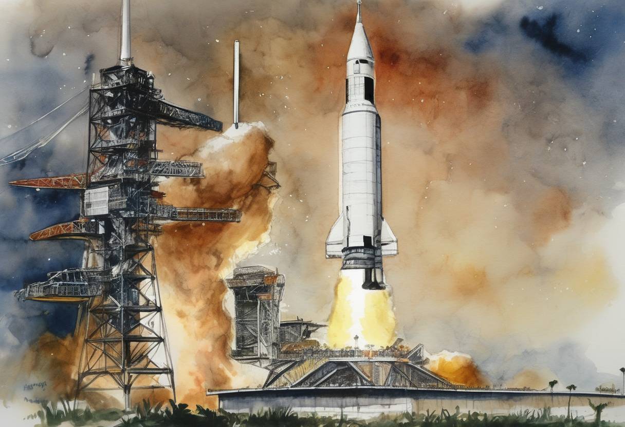 Watercolor painting based depiction of Apollo 11, the first manned mission to land on the Moon, is launched from Kennedy Space Center. (1969)