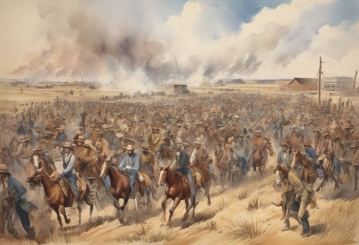 Watercolor painting based depiction of The Oklahoma Land Rush begins at noon, with an estimated 50,000 people lined up to claim land in the Oklahoma Territory. (1889)