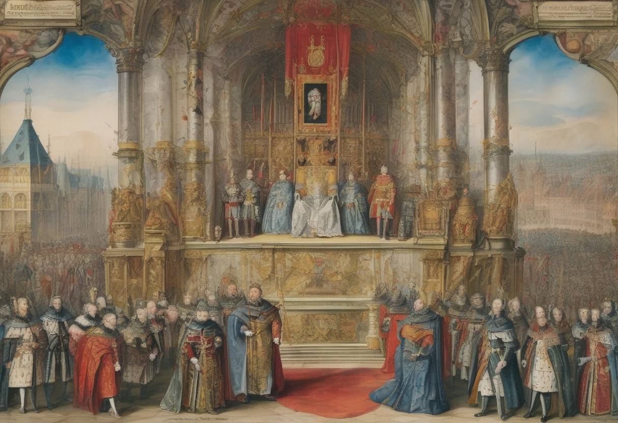 Watercolor painting based depiction of Charles V, Holy Roman Emperor, abdicated his throne, leading to the division of the Habsburg Empire between his brother Ferdinand I and his son Philip II. (1556)