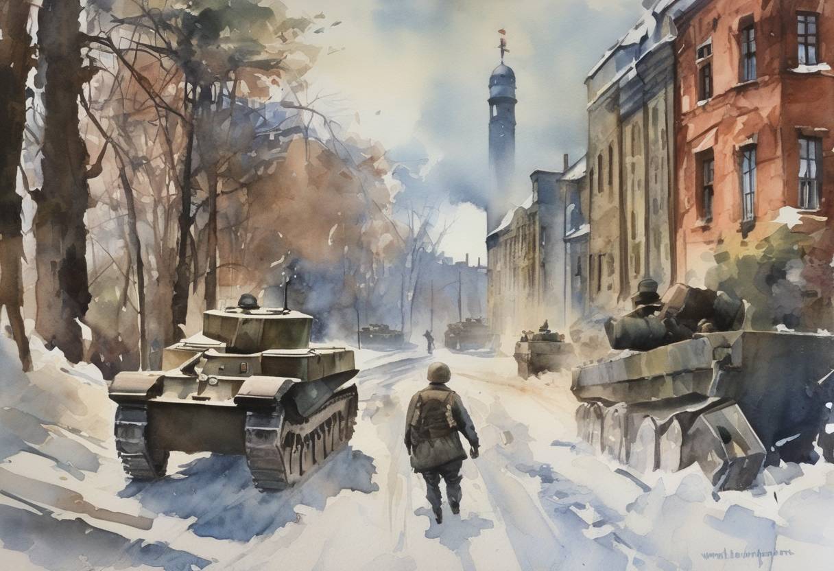 Watercolor painting based depiction of The Soviet Union launches the Vyborg–Petrozavodsk Offensive against Finland during World War II. (1944)