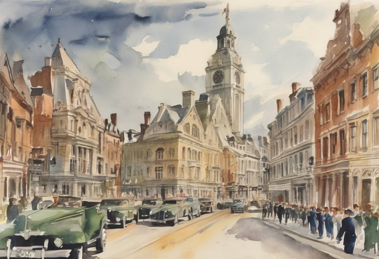 Watercolor painting based depiction of U.S. Secretary of State George Marshall outlined the Marshall Plan, a program to aid Europe, in a speech at Harvard University. (1947)