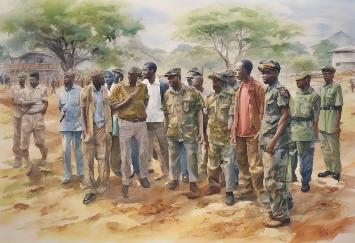 Watercolor painting based depiction of The Angolan government and UNITA rebels signed a peace agreement, ending the Angolan Civil War that had lasted for 27 years. (2002)