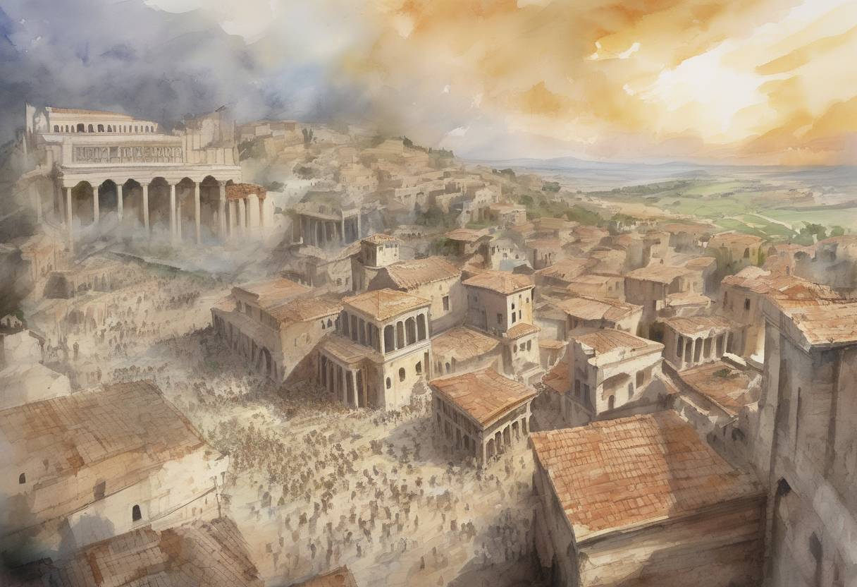 Watercolor painting based depiction of A major earthquake struck the ancient city of Antioch, causing widespread destruction and loss of life. Antioch was one of the largest cities of the Roman Empire and an important center of early Christianity. (373)