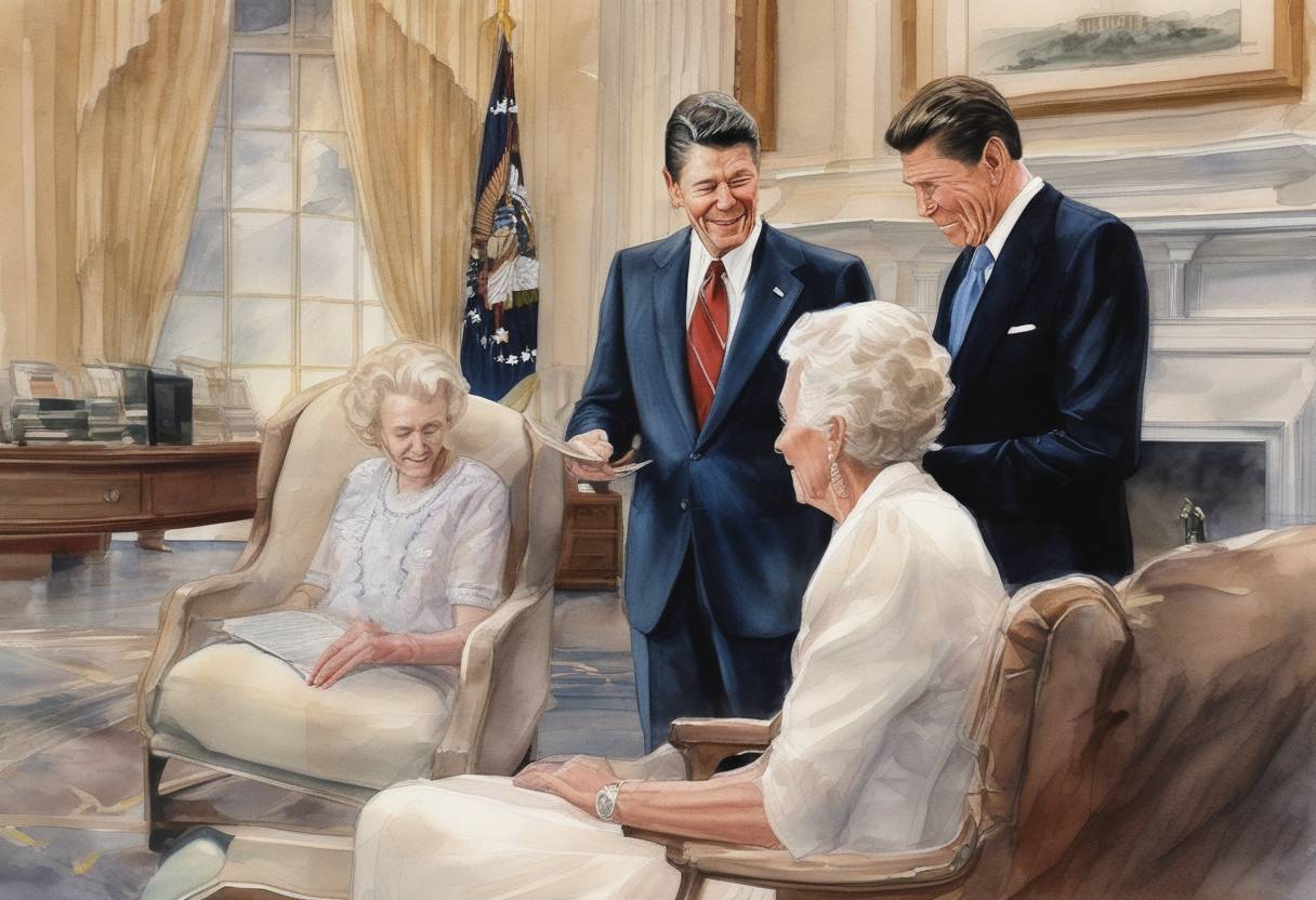 Watercolor painting based depiction of US President Ronald Reagan nominates Sandra Day O'Connor to become the first female member of the Supreme Court of the United States. (1981)