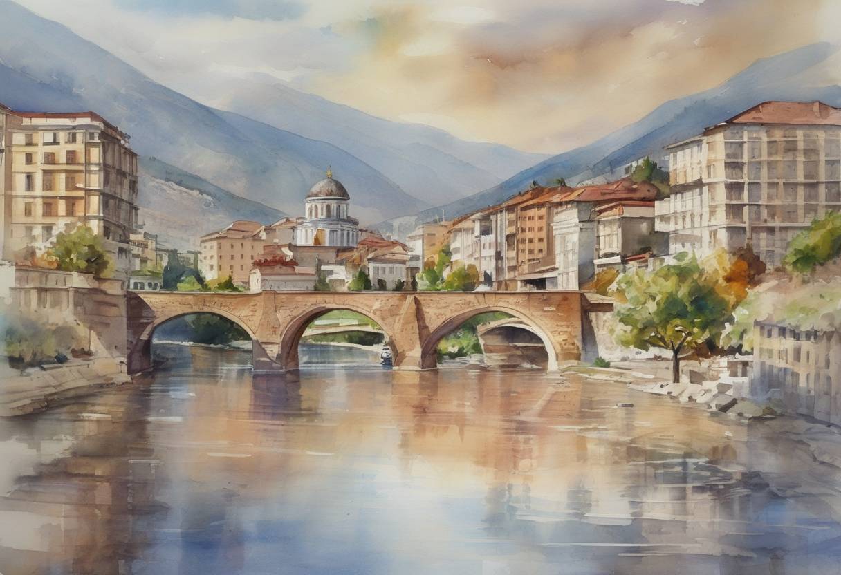 Watercolor painting based depiction of The Republic of Macedonia submitted an application for membership in the European Union, marking a significant step in its efforts to join the EU. (2004)