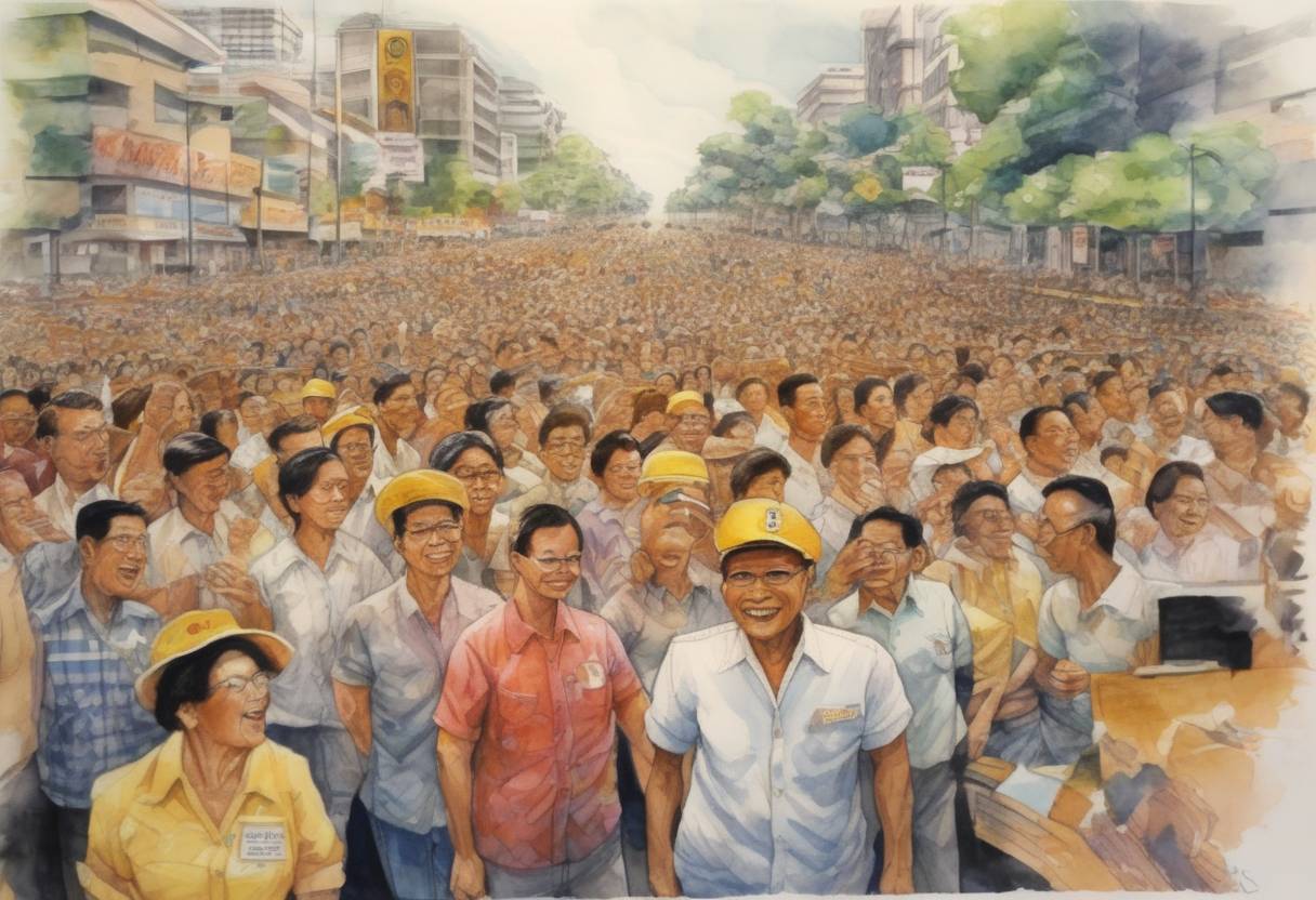 Watercolor painting based depiction of The People Power Revolution in the Philippines culminated with the ousting of President Ferdinand Marcos and the inauguration of Corazon Aquino as president. (1986)