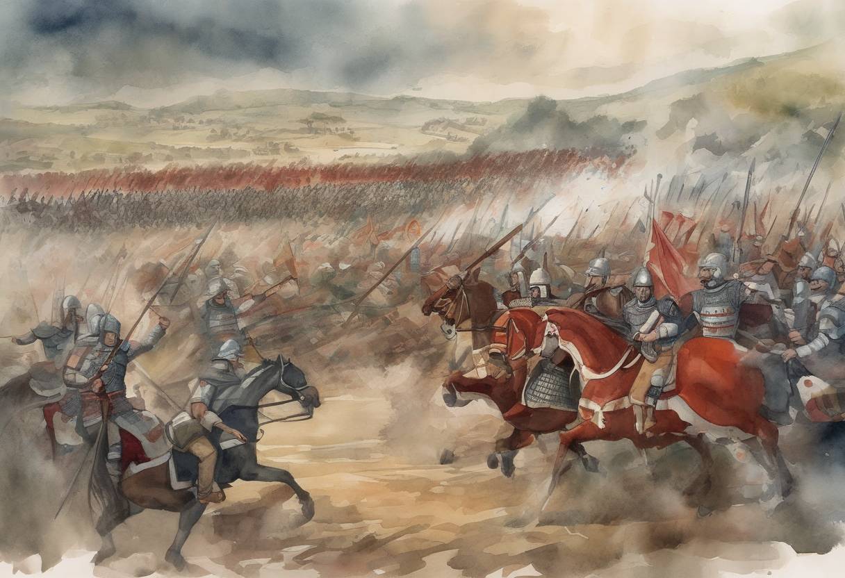 Watercolor painting based depiction of The Battle of Marcellae took place between the Byzantine Empire and the Bulgarian Empire. The battle was part of the ongoing Byzantine-Bulgarian Wars, and it ended in a Bulgarian victory, which solidified the power of the Bulgarian Khanate in the Balkans. (756)