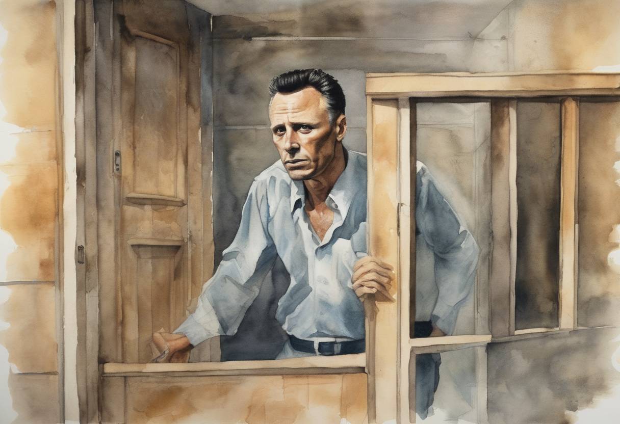 Watercolor painting based depiction of James Earl Ray, the convicted assassin of Martin Luther King Jr., escaped from Brushy Mountain State Penitentiary in Tennessee but was recaptured three days later. (1977)